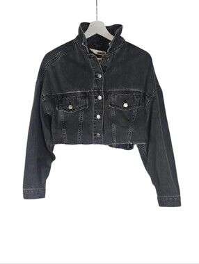 Topshop Moto Cropped Black Denim Jacket with Raw Hem Grunge Punk Women's 2